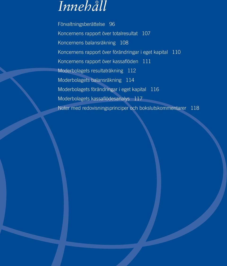 resultaträkning 112 Moderbolagets balansräkning 114 Moderbolagets förändringar i eget kapital 116