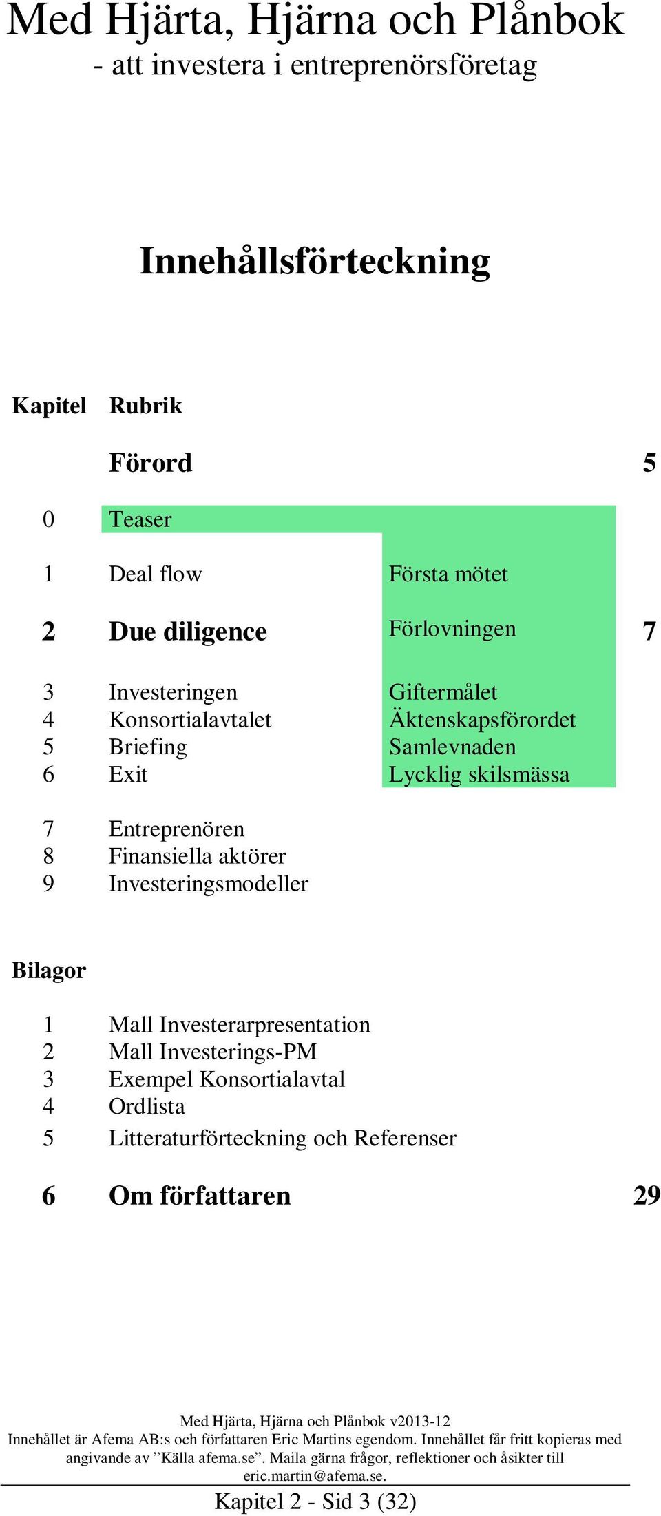 Entreprenören 8 Finansiella aktörer 9 Investeringsmodeller Bilagor 1 Mall Investerarpresentation 2 Mall