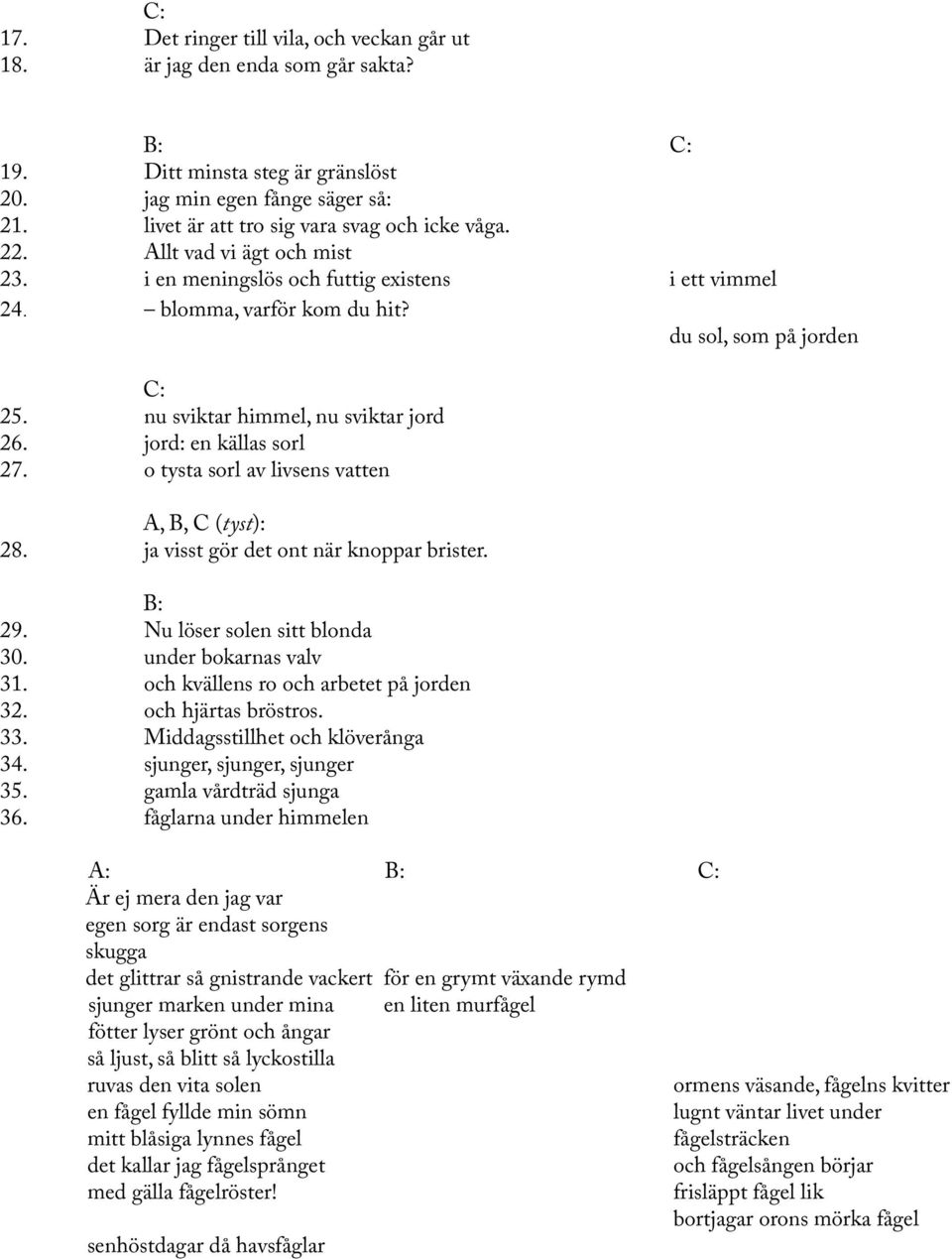 o tysta sorl av livsens vatten A, B, C (tyst): 28. ja visst gör det ont när knoppar brister. 29. Nu löser solen sitt blonda 30. under bokarnas valv 31. och kvällens ro och arbetet på jorden 32.