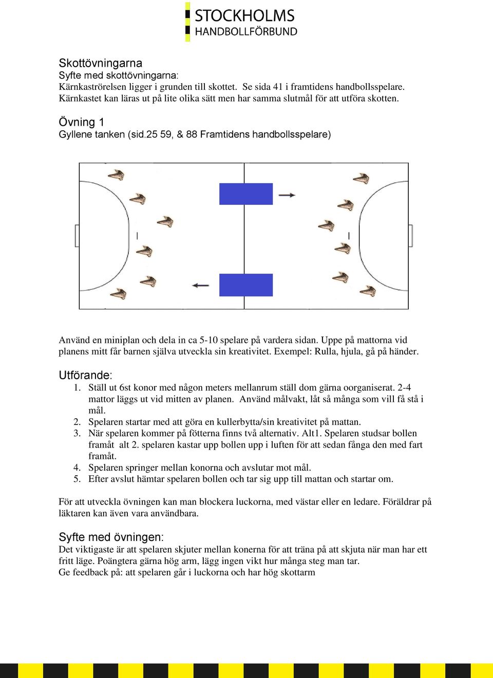 25 59, & 88 Framtidens handbollsspelare) Använd en miniplan och dela in ca 5-10 spelare på vardera sidan. Uppe på mattorna vid planens mitt får barnen själva utveckla sin kreativitet.