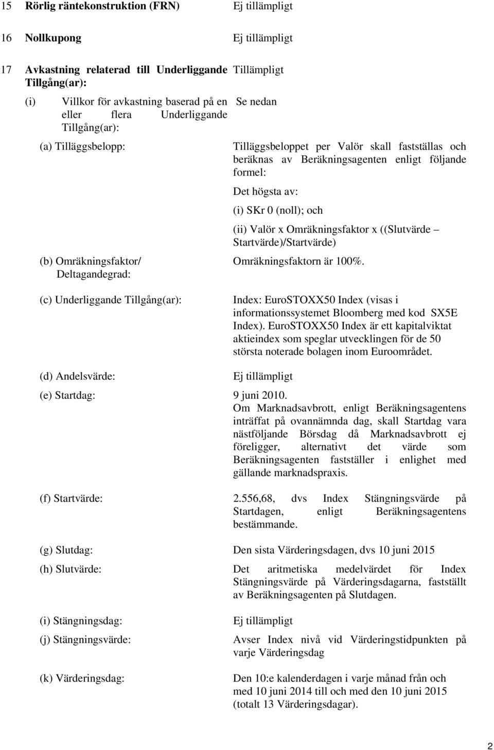 SKr 0 (noll); och (ii) Valör x Omräkningsfaktor x ((Slutvärde Startvärde)/Startvärde) Omräkningsfaktorn är 100%.