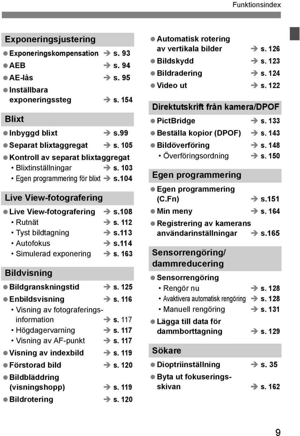 113 Autofous s.114 Simulerad exponering s. 163 Bildvisning Bildgransningstid s. 125 Enbildsvisning s. 116 Visning av fotograferingsinformation s. 117 Högdagervarning s. 117 Visning av AF-punt s.