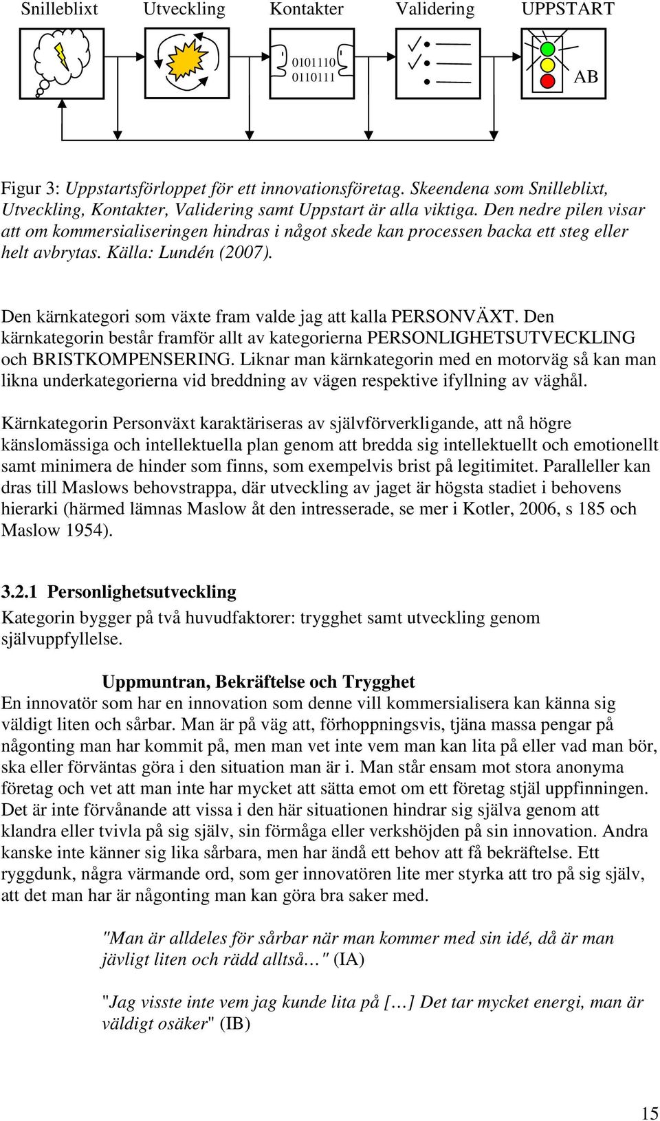 Den nedre pilen visar att om kommersialiseringen hindras i något skede kan processen backa ett steg eller helt avbrytas. Källa: Lundén (2007).