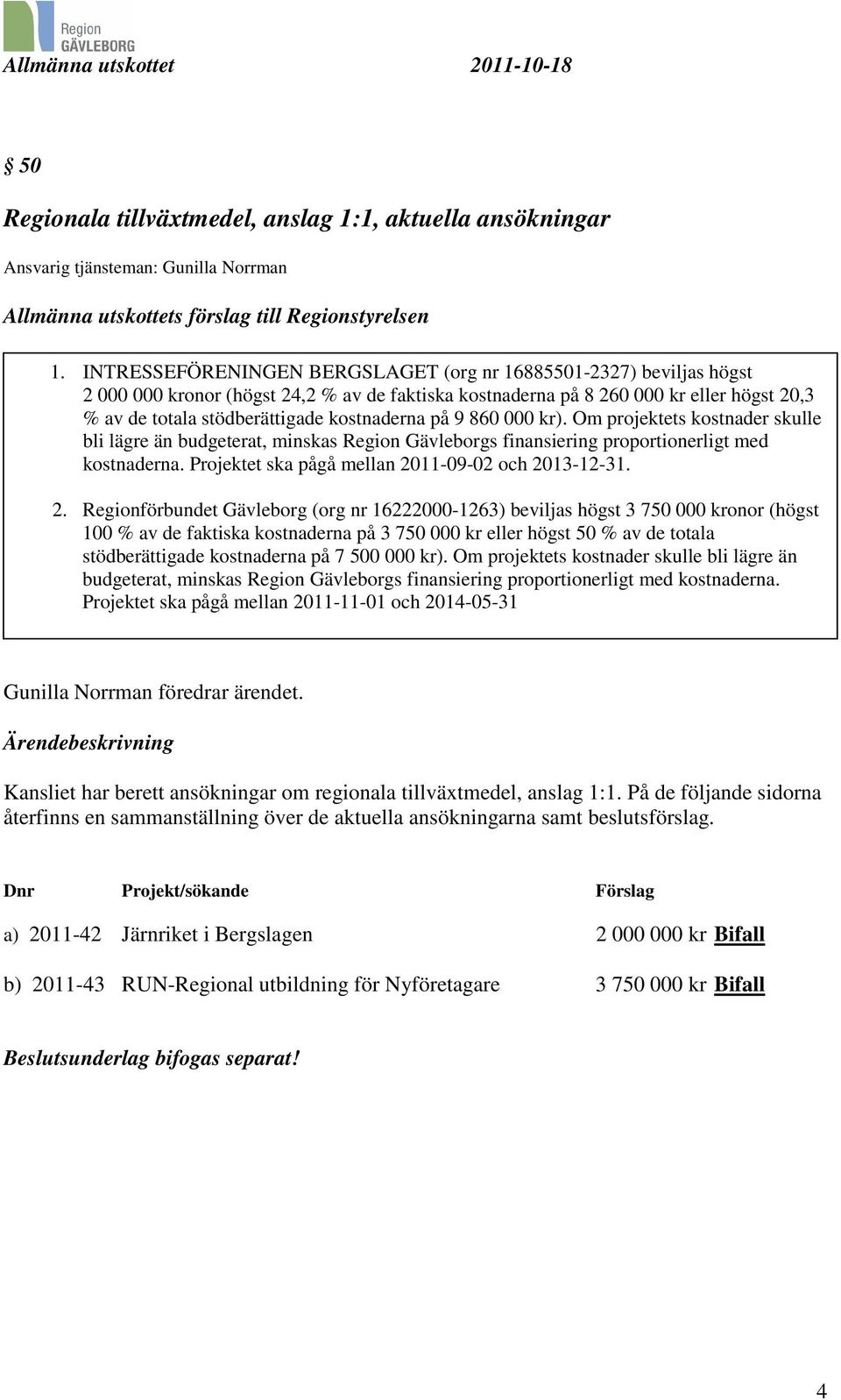 kostnaderna på 9 860 000 kr). Om projektets kostnader skulle bli lägre än budgeterat, minskas Region Gävleborgs finansiering proportionerligt med kostnaderna.