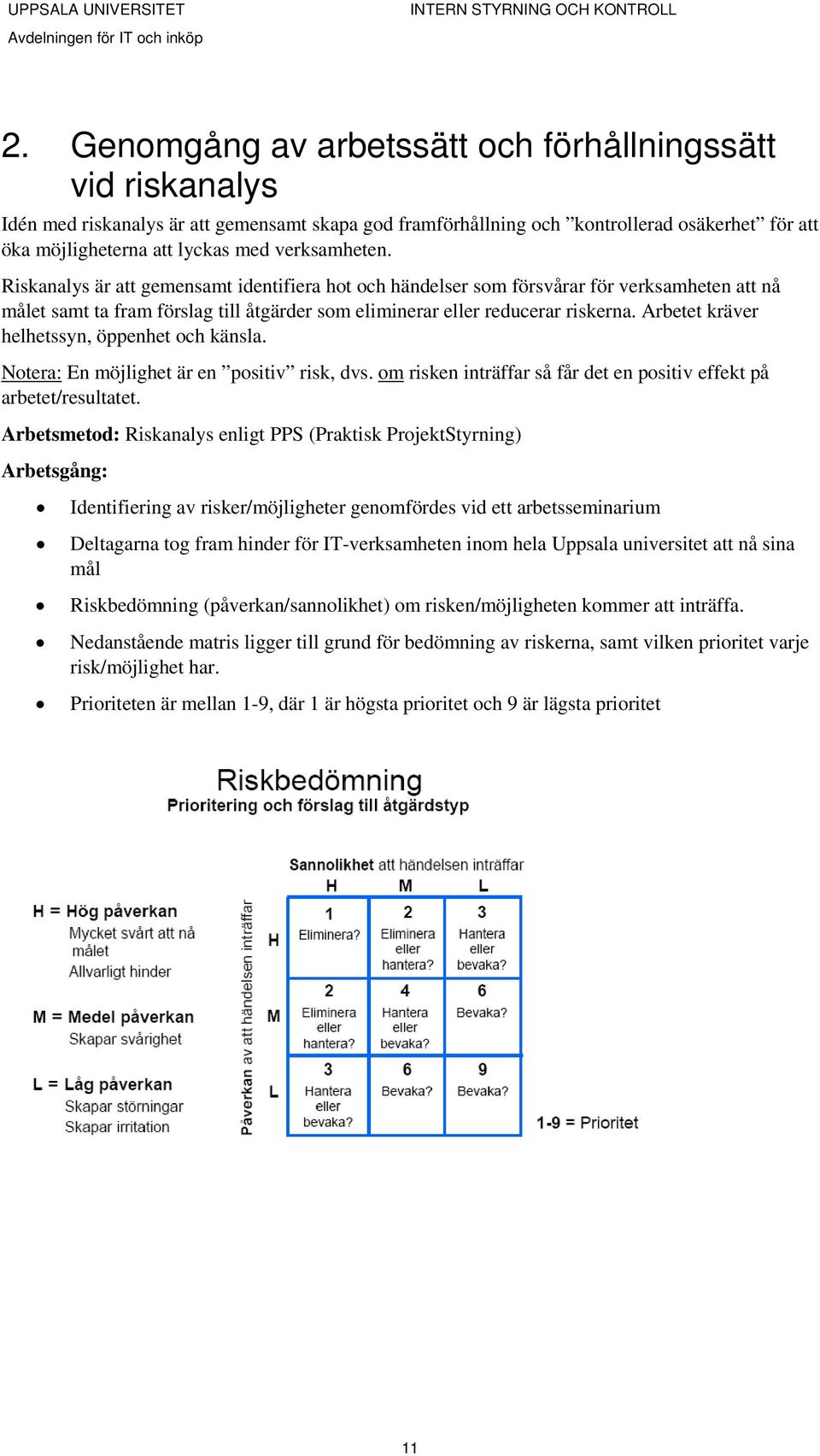 Arbetet kräver helhetssyn, öppenhet och känsla. Notera: En möjlighet är en positiv risk, dvs. om risken inträffar så får det en positiv effekt på arbetet/resultatet.