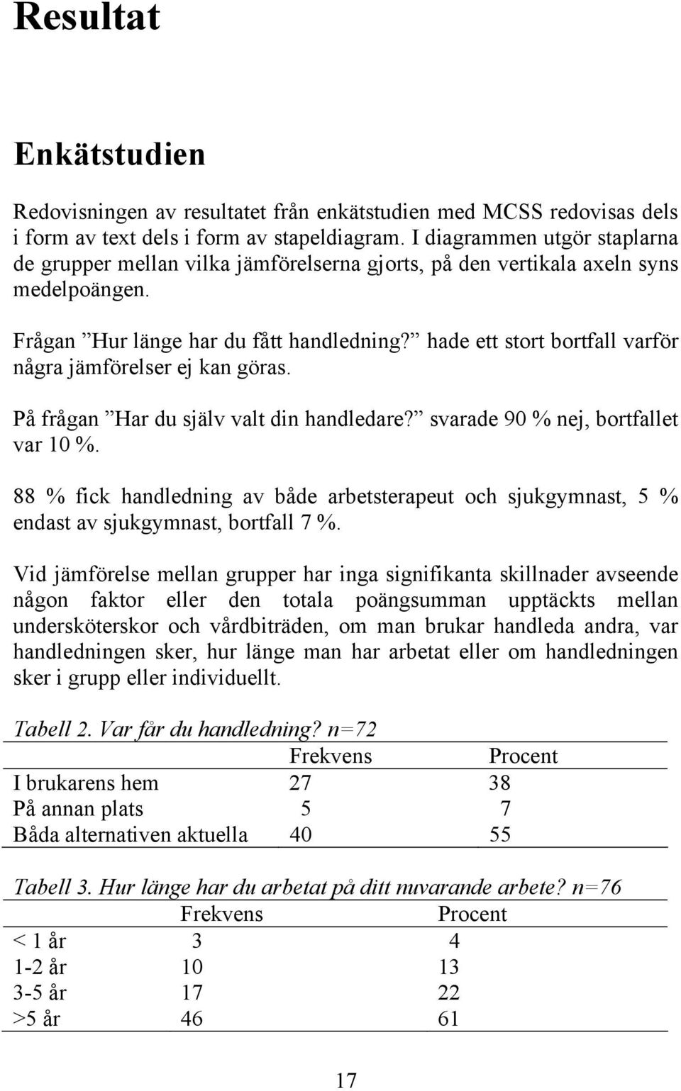 hade ett stort bortfall varför några jämförelser ej kan göras. På frågan Har du själv valt din handledare? svarade 90 % nej, bortfallet var 10 %.