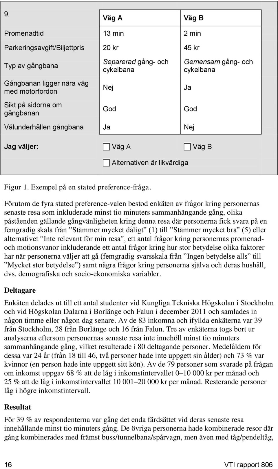 Förutom de fyra stated preference-valen bestod enkäten av frågor kring personernas senaste resa som inkluderade minst tio minuters sammanhängande gång, olika påståenden gällande gångvänligheten kring