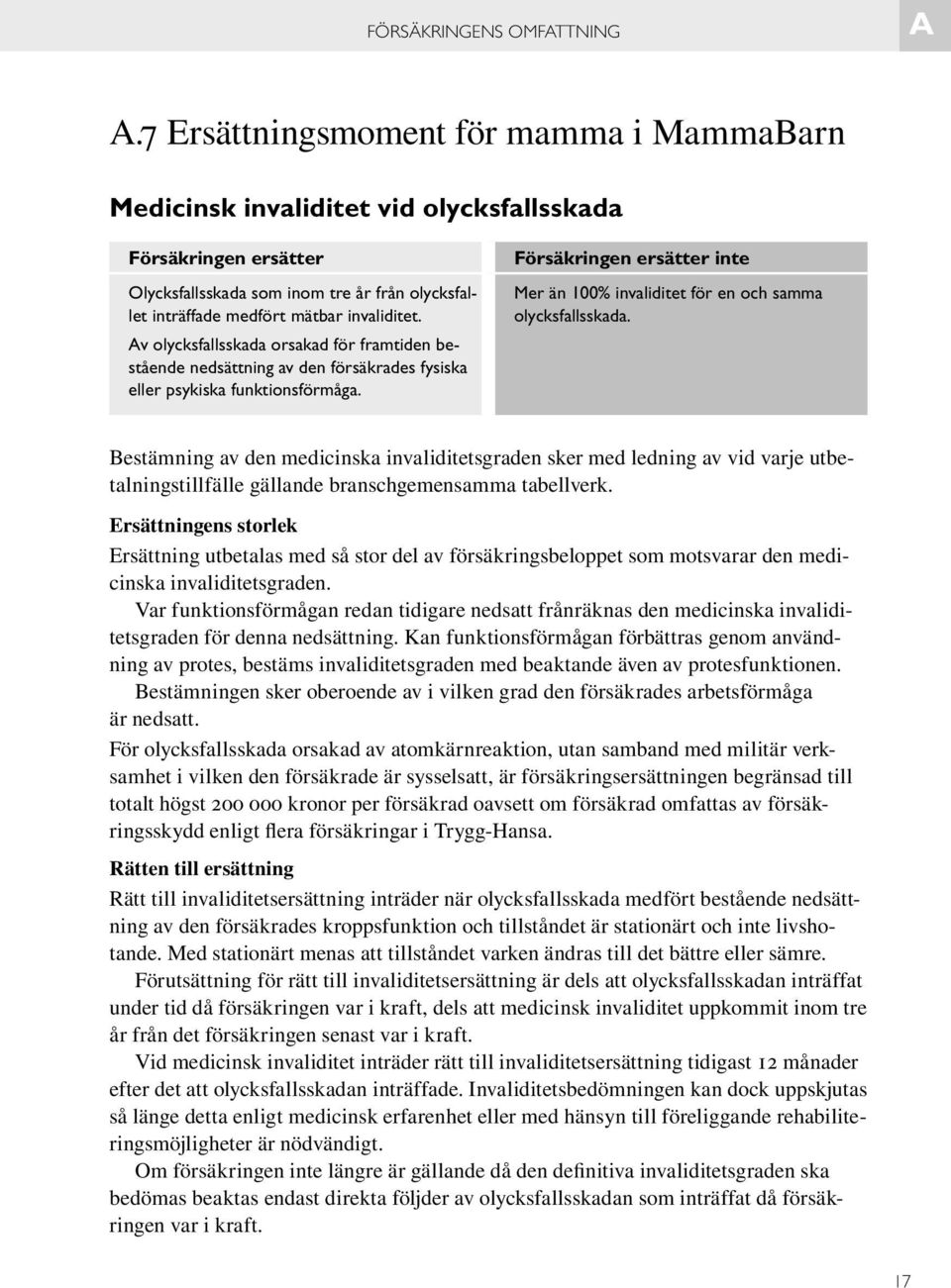 Av olycksfallsskada orsakad för framtiden bestående nedsättning av den försäkrades fysiska eller psykiska funktionsförmåga. inte Mer än 100% invaliditet för en och samma olycksfallsskada.