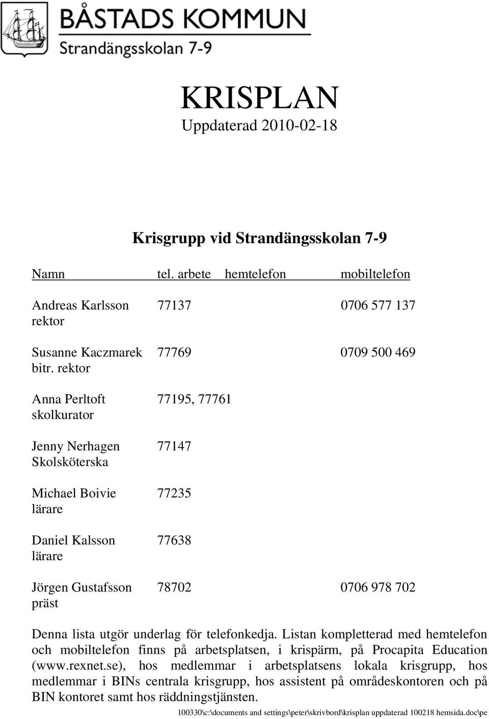 underlag för telefonkedja. Listan kompletterad med hemtelefon och mobiltelefon finns på arbetsplatsen, i krispärm, på Procapita Education (www.rexnet.