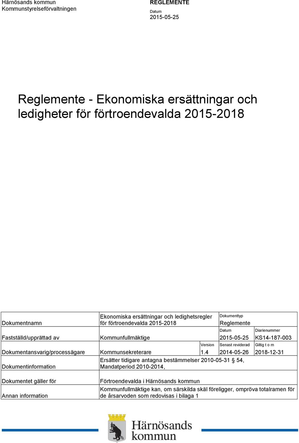 4 Dokumenttyp Reglemente Senast reviderad 2014-05-26 Ersätter tidigare antagna bestämmelser 2010-05-31 54, Mandatperiod 2010-2014, Diarienummer KS14-187-003 Giltig t o m