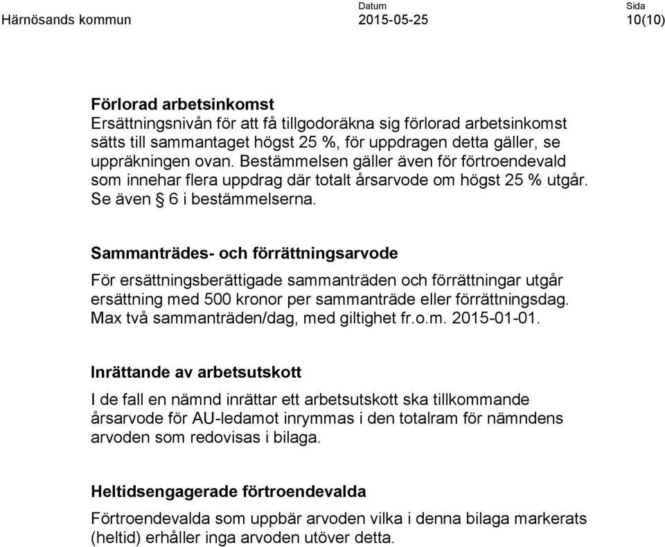 Sammanträdes- och förrättningsarvode För ersättningsberättigade sammanträden och förrättningar utgår ersättning med 500 kronor per sammanträde eller förrättningsdag.