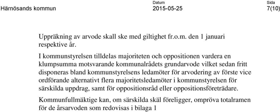 disponeras bland kommunstyrelsens ledamöter för arvodering av förste vice ordförande alternativt flera majoritetsledamöter i