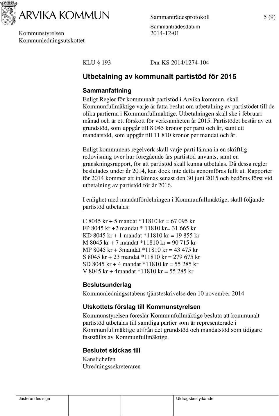 Partistödet består av ett grundstöd, som uppgår till 8 045 kronor per parti och år, samt ett mandatstöd, som uppgår till 11 810 kronor per mandat och år.