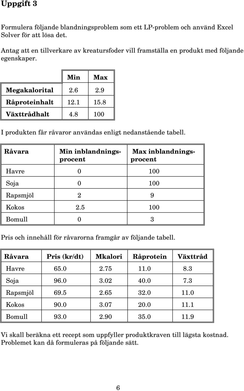 8 100 I produkten får råvaror användas enligt nedanstående tabell. Råvara Min inblandningsprocent Havre 0 100 Soja 0 100 Rapsmjöl 2 9 Kokos 2.