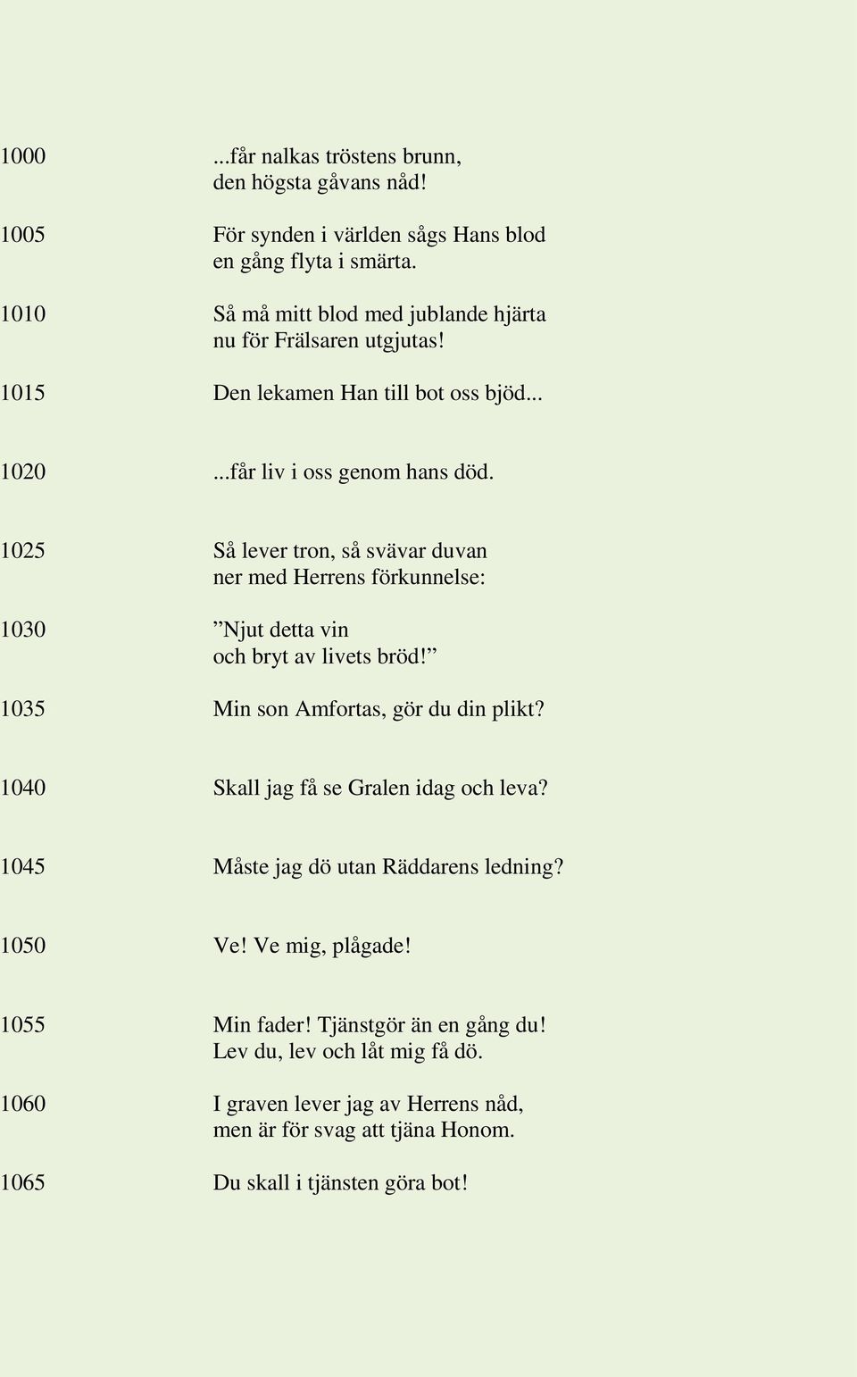 1025 Så lever tron, så svävar duvan ner med Herrens förkunnelse: 1030 Njut detta vin och bryt av livets bröd! 1035 Min son Amfortas, gör du din plikt?