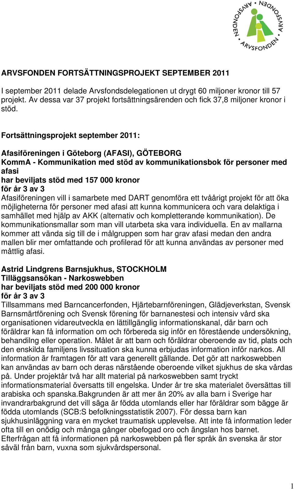 Fortsättningsprojekt september 2011: Afasiföreningen i Göteborg (AFASI), GÖTEBORG KommA - Kommunikation med stöd av kommunikationsbok för personer med afasi har beviljats stöd med 157 000 kronor