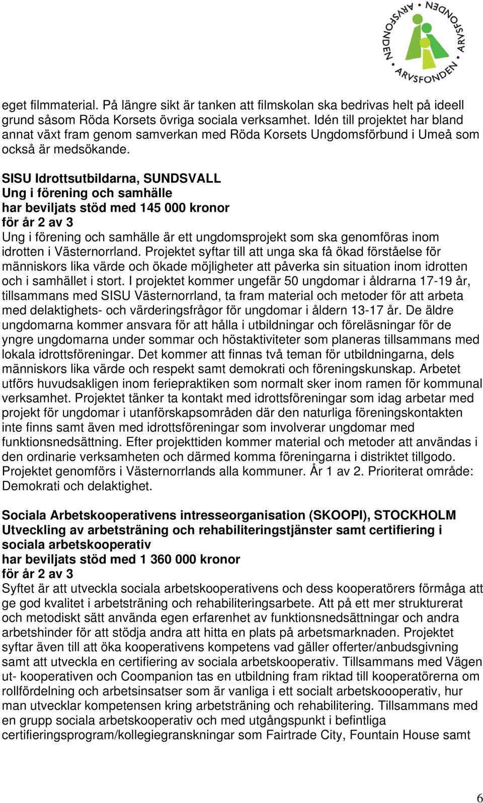 SISU Idrottsutbildarna, SUNDSVALL Ung i förening och samhälle har beviljats stöd med 145 000 kronor Ung i förening och samhälle är ett ungdomsprojekt som ska genomföras inom idrotten i Västernorrland.