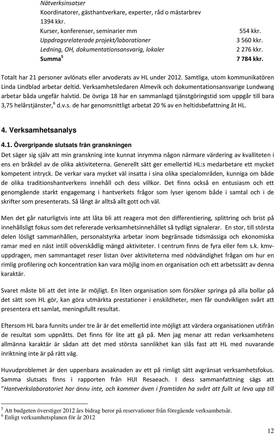 Totalt har 21 personer avlönats eller arvoderats av HL under 2012. Samtliga, utom kommunikatören Linda Lindblad arbetar deltid.