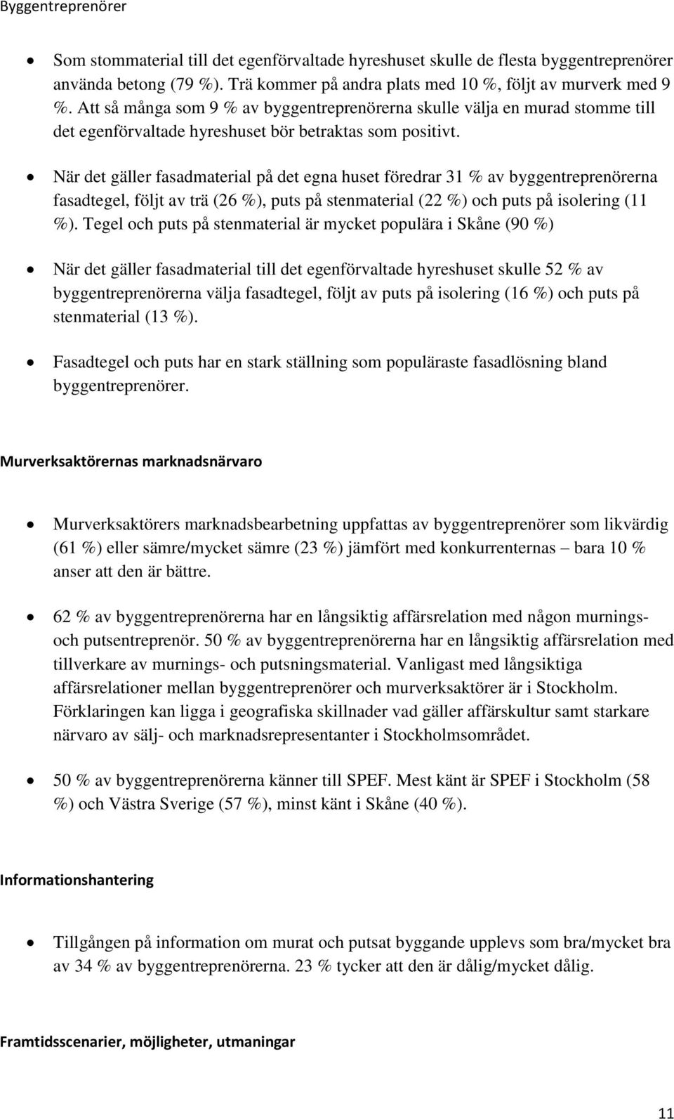 När det gäller fasadmaterial på det egna huset föredrar 31 % av byggentreprenörerna fasadtegel, följt av trä (26 %), puts på stenmaterial (22 %) och puts på isolering (11 %).