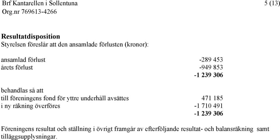 yttre underhåll avsättes 471 185 i ny räkning överföres -1 710 491-1 239 306 Föreningens