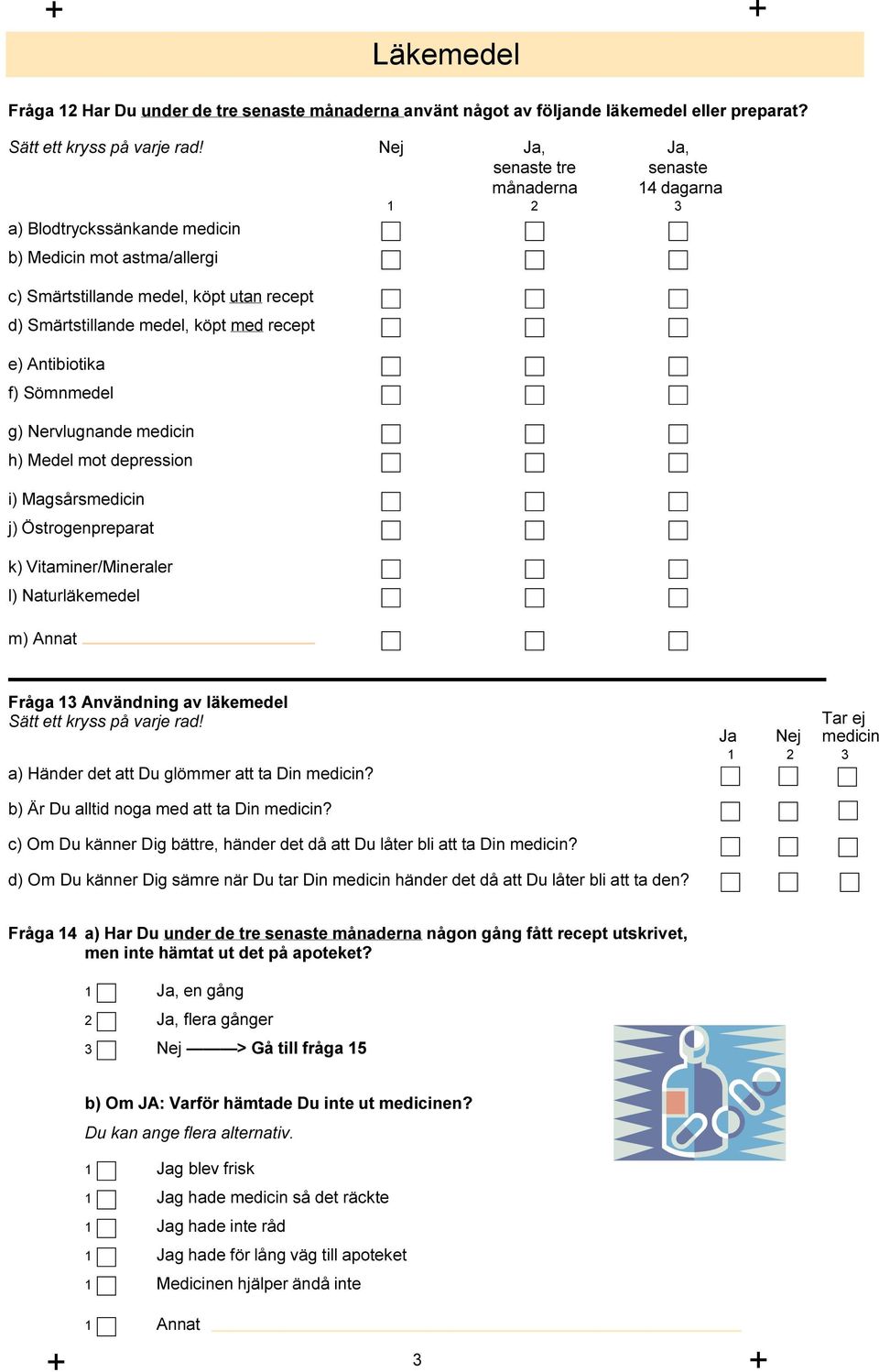 recept e) Antibiotika f) Sömnmedel g) Nervlugnande medicin h) Medel mot depression i) Magsårsmedicin j) Östrogenpreparat k) Vitaminer/Mineraler l) Naturläkemedel m) Annat Fråga 13 Användning av