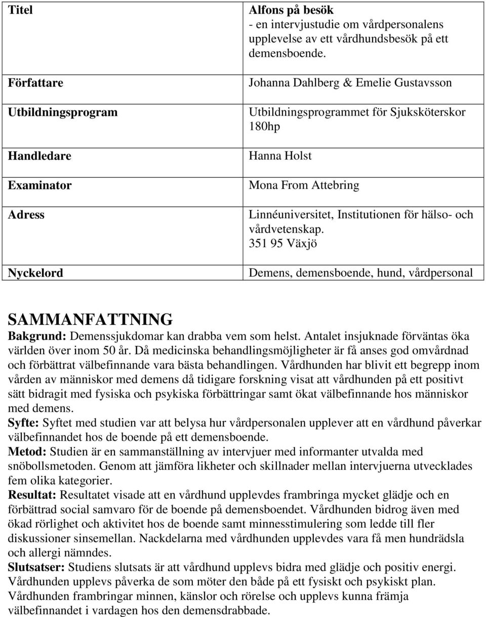 351 95 Växjö Demens, demensboende, hund, vårdpersonal SAMMANFATTNING Bakgrund: Demenssjukdomar kan drabba vem som helst. Antalet insjuknade förväntas öka världen över inom 50 år.