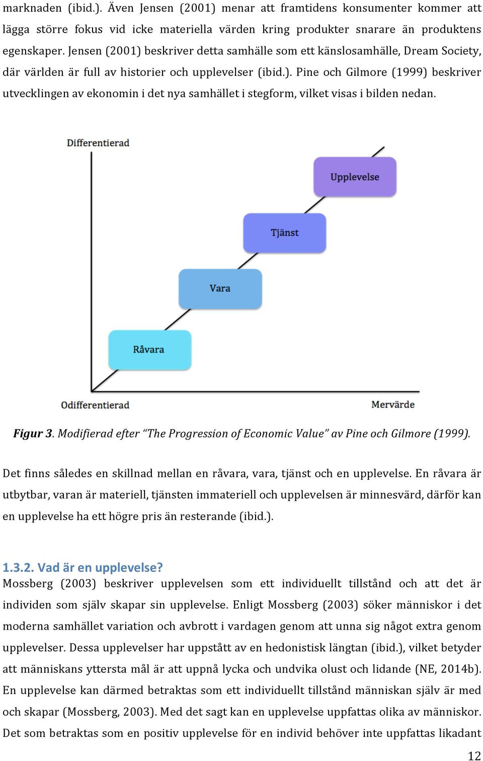 Figur 3. Modifierad efter The Progression of Economic Value av Pine och Gilmore (1999). Det finns således en skillnad mellan en råvara, vara, tjänst och en upplevelse.