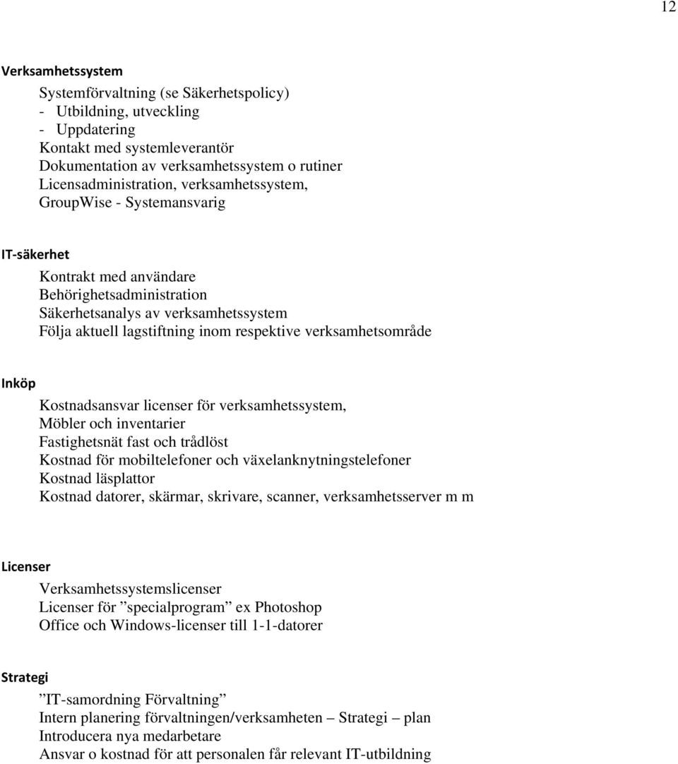 verksamhetsområde Inköp Kostnadsansvar licenser för verksamhetssystem, Möbler och inventarier Fastighetsnät fast och trådlöst Kostnad för mobiltelefoner och växelanknytningstelefoner Kostnad