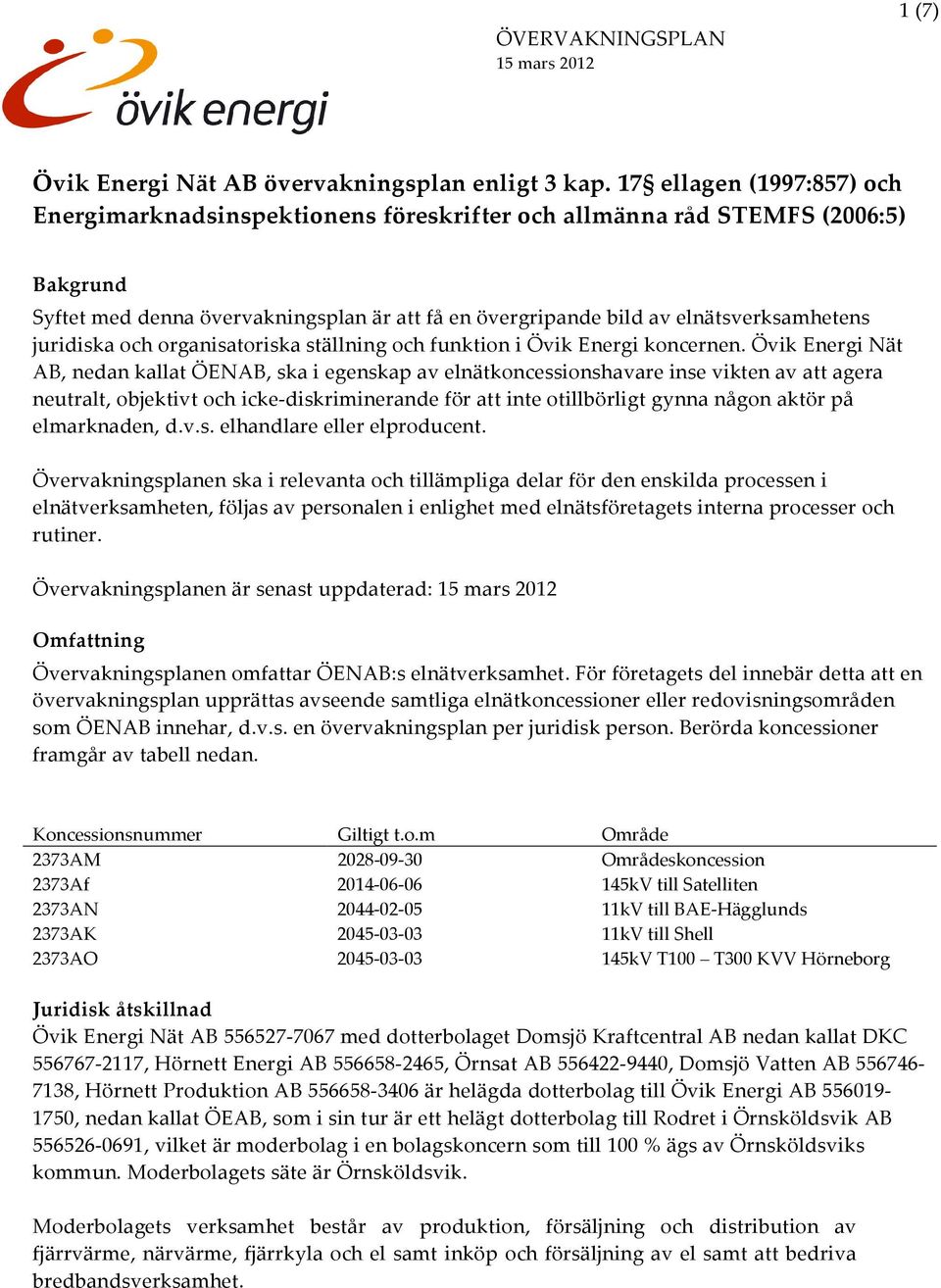 juridiska och organisatoriska ställning och funktion i Övik Energi koncernen.