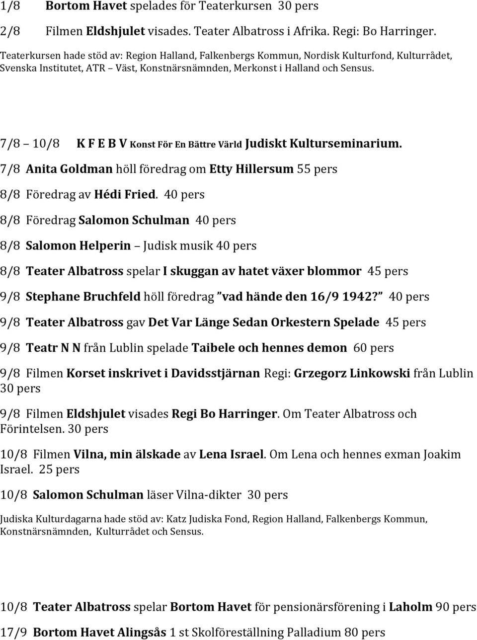 7/8 10/8KFEBVKonstFörEnBättreVärldJudisktKulturseminarium. 7/8AnitaGoldmanhöllföredragomEttyHillersum55pers 8/8FöredragavHédiFried.