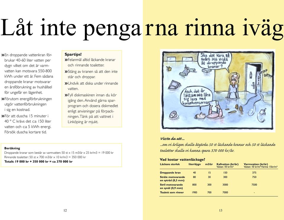 »för att duscha 15 minuter i 40 º C krävs det c:a 150 liter vatten och c:a 5 kwh energi. Försök duscha kortare tid.»felanmäl alltid läckande kranar och rinnande toaletter.