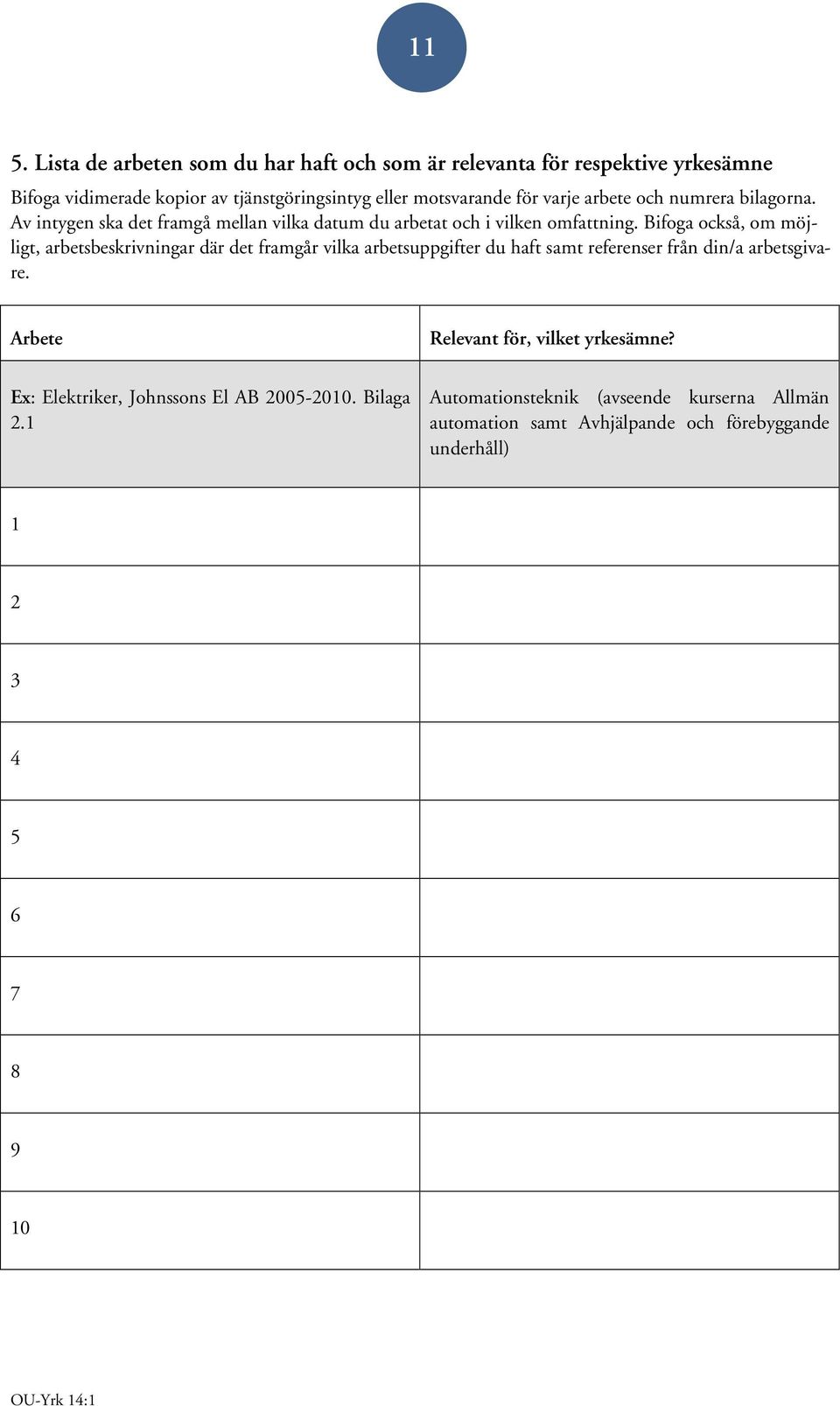 Bifoga också, om möjligt, arbetsbeskrivningar där det framgår vilka arbetsuppgifter du haft samt referenser från din/a arbetsgivare.