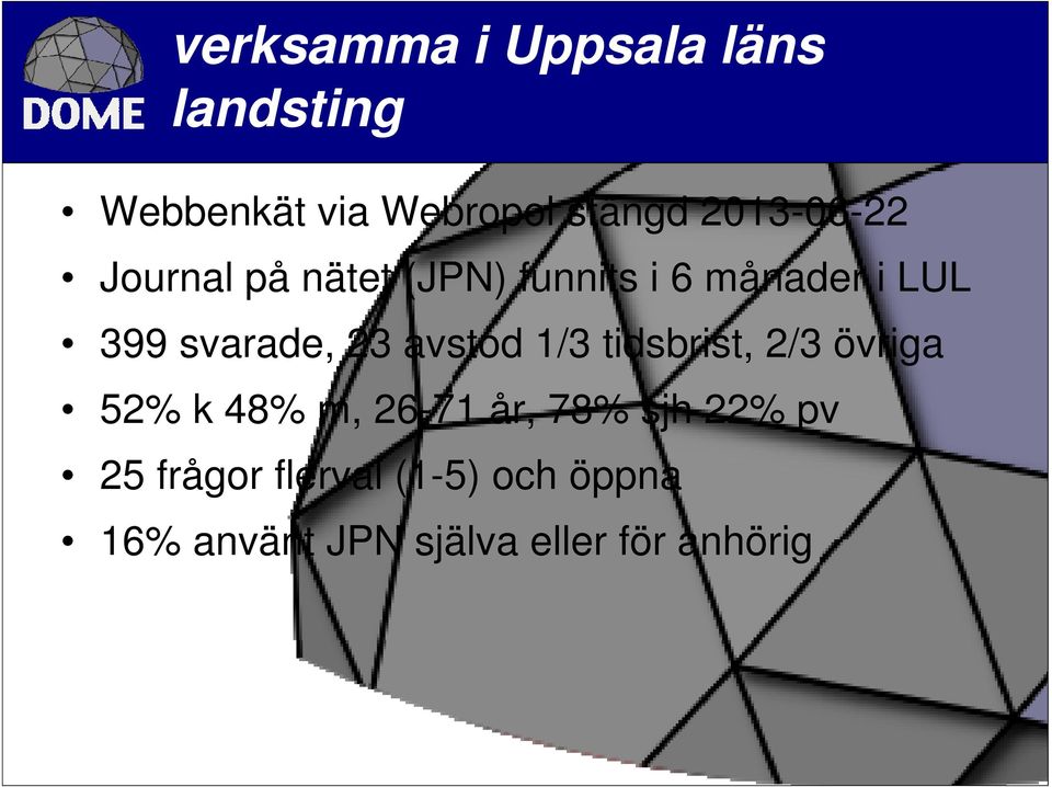 svarade, 23 avstod 1/3 tidsbrist, 2/3 övriga 52% k 48% m, 26-71 år, 78%