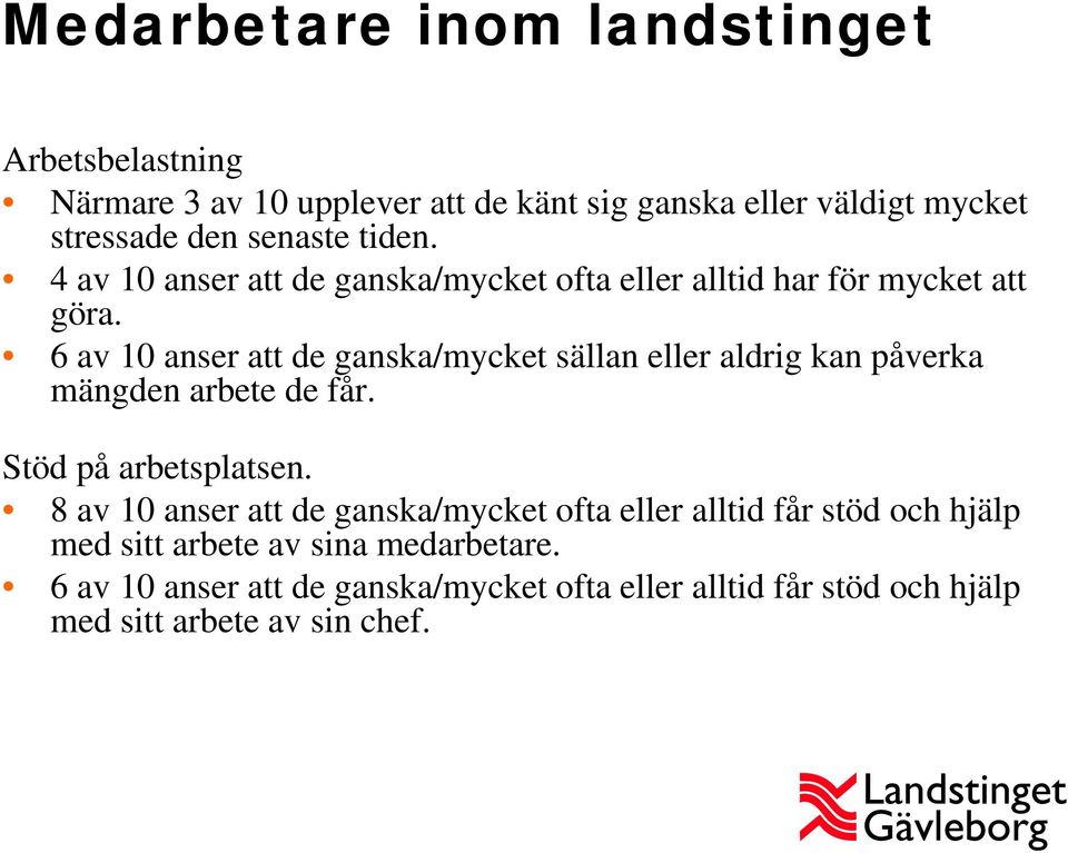 6 av 10 anser att de ganska/mycket sällan eller aldrig kan påverka mängden arbete de får. Stöd på arbetsplatsen.