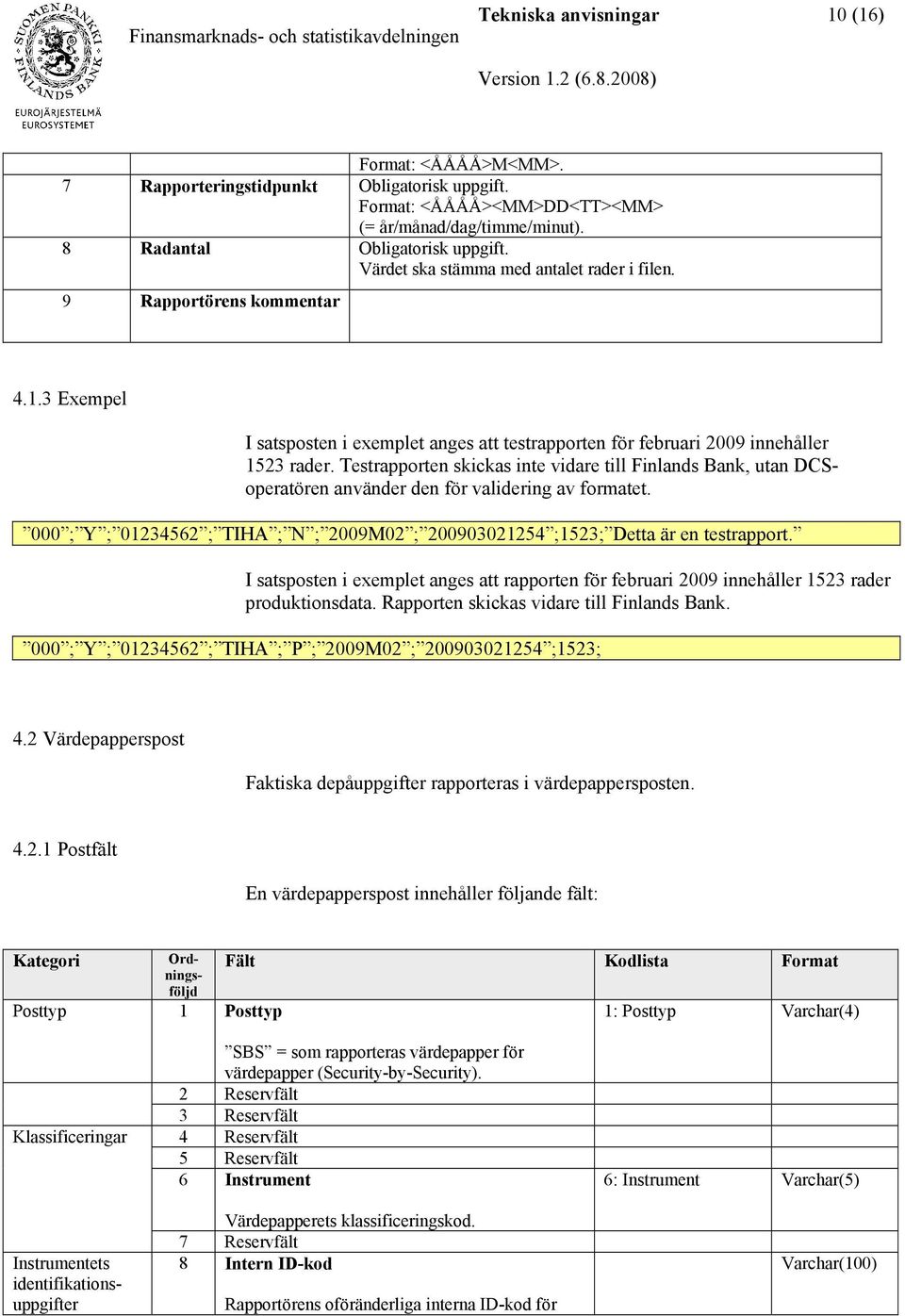 Testrapporten skickas inte vidare till Finlands Bank, utan DCSoperatören använder den för validering av formatet. 000 ; Y ; 01234562 ; TIHA ; N ; 2009M02 ; 200903021254 ;1523; Detta är en testrapport.