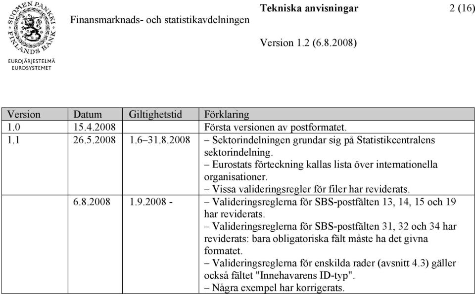 2008 - Valideringsreglerna för SBS-postfälten 13, 14, 15 och 19 har reviderats.