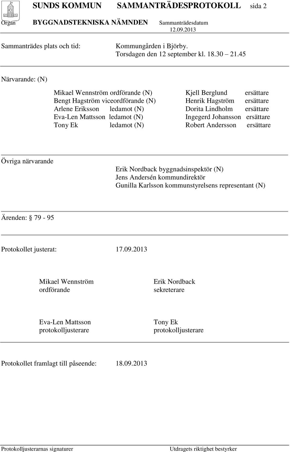 Eva-Len Mattsson ledamot (N) Ingegerd Johansson ersättare Tony Ek ledamot (N) Robert Andersson ersättare Övriga närvarande Erik Nordback byggnadsinspektör (N) Jens Andersén kommundirektör