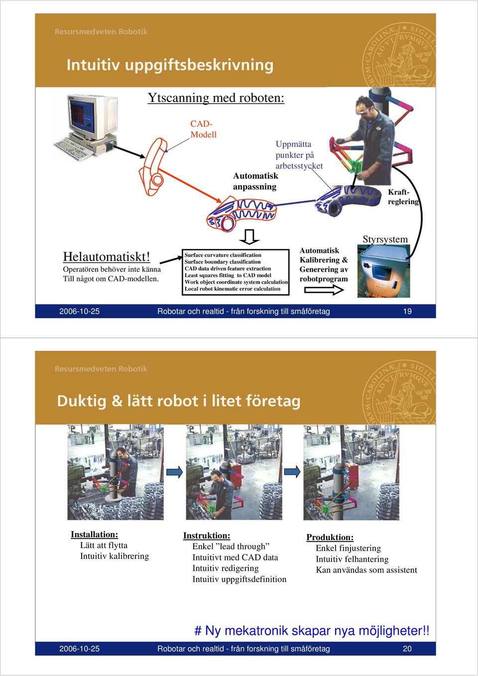 Surface curvature classification Surface boundary classification CAD data driven feature extraction Least squares fitting to CAD model Work object coordinate system calculation Local robot kinematic