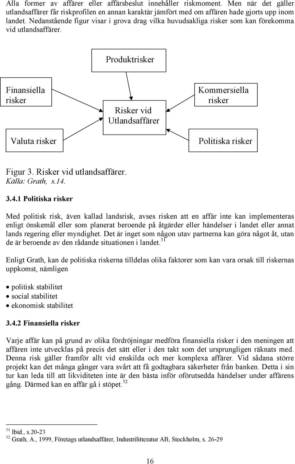 Produktrisker Finansiella risker Valuta risker Risker vid Utlandsaffärer Kommersiella risker Politiska risker Figur 3. Risker vid utlandsaffärer. Källa: Grath, s.14.