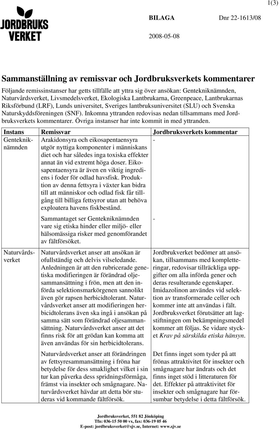 (SNF). Inkomna yttranden redovisas nedan tillsammans med Jordbruksverkets kommentarer. Övriga instanser har inte kommit in med yttranden.