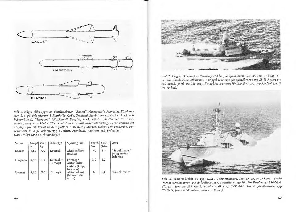 Ndgra olika typer av sjömdlsrobotar. "Exocet" ( Aerospatiale, Frankrike. Förekommer bl a pd örlogsfartyg i Frankrike, Chile, Grekland, Storbritannien, Turkiet, USA och Västtysk/and).