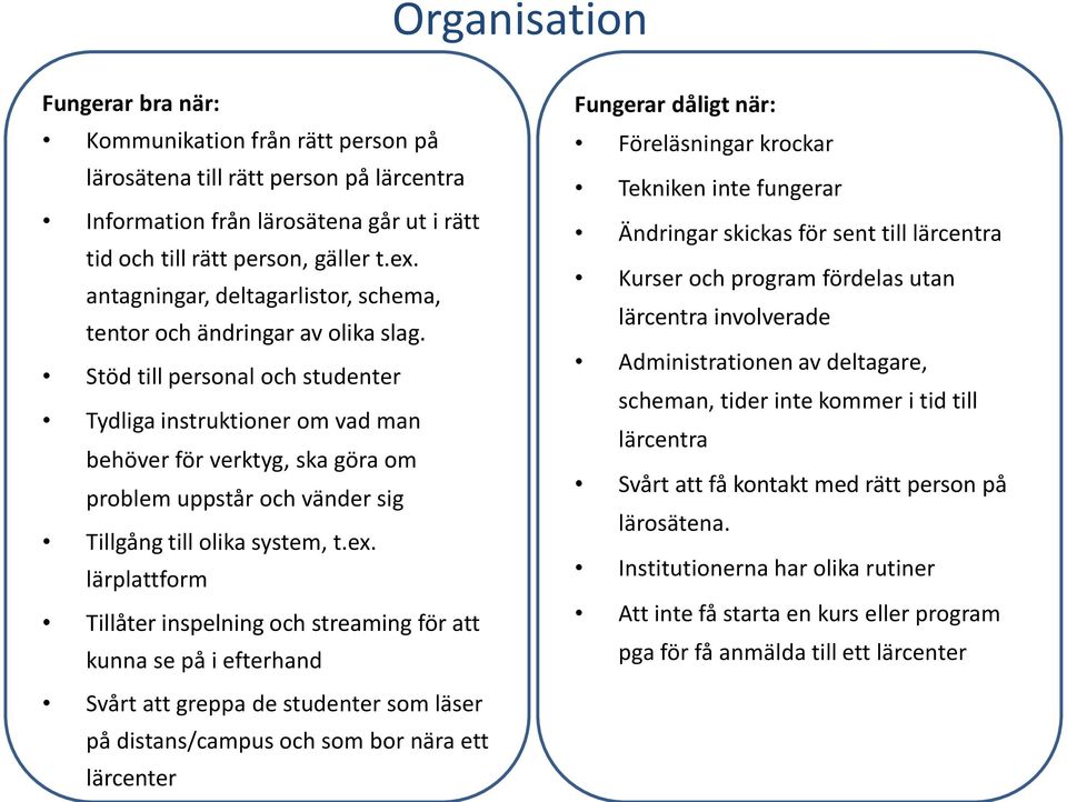 Stöd till personal och studenter Tydliga instruktioner om vad man behöver för verktyg, ska göra om problem uppstår och vänder sig Tillgång till olika system, t.ex.