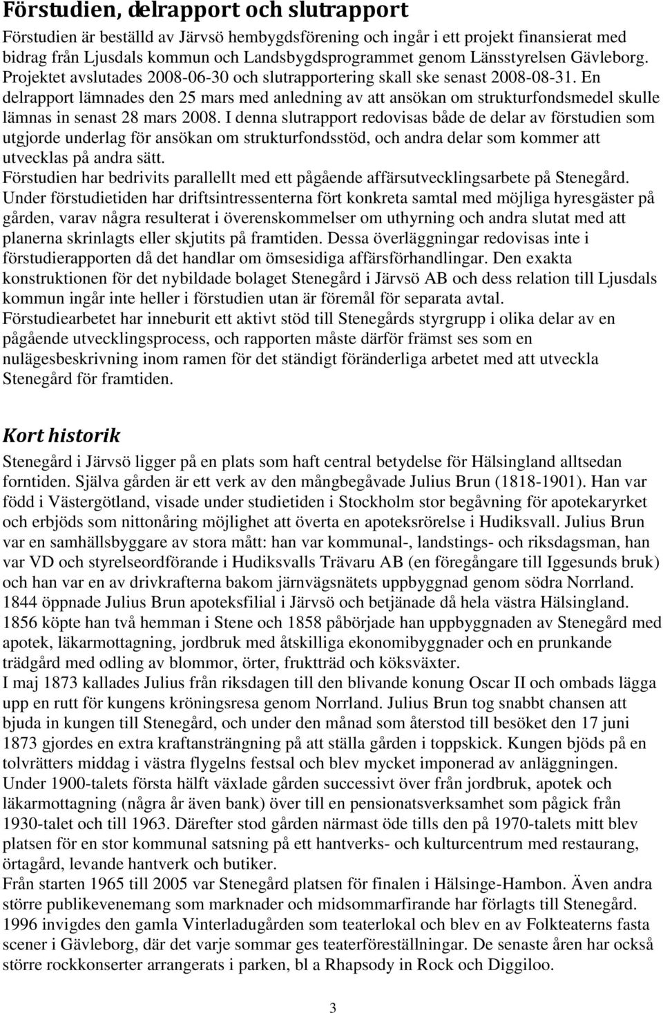 En delrapport lämnades den 25 mars med anledning av att ansökan om strukturfondsmedel skulle lämnas in senast 28 mars 2008.