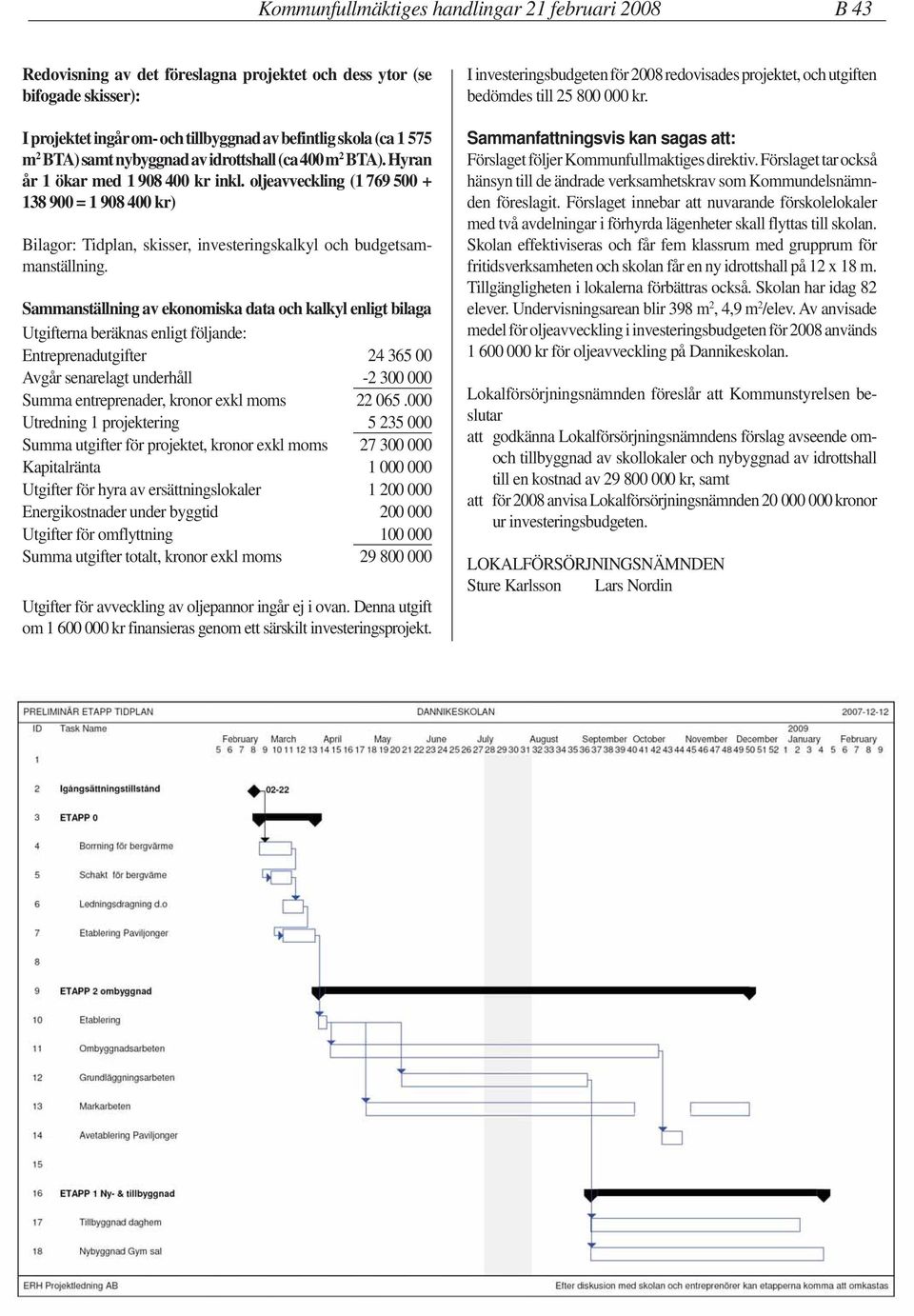 oljeavveckling (1 769 500 + 138 900 = 1 908 400 kr) Bilagor: Tidplan, skisser, investeringskalkyl och budgetsammanställning.