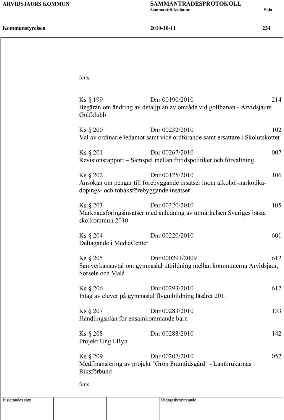 Skolutskottet Ks 201 Dnr 00267/2010 007 Revisionsrapport Samspel mellan fritidspolitiker och förvaltning Ks 202 Dnr 00125/2010 106 Ansökan om pengar till förebyggande insatser inom