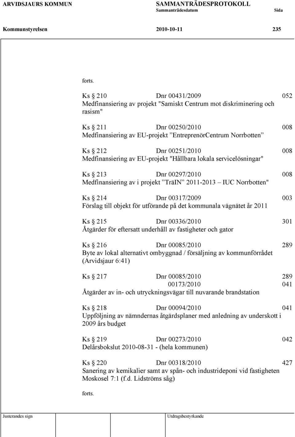 00251/2010 008 Medfinansiering av EU-projekt "Hållbara lokala servicelösningar" Ks 213 Dnr 00297/2010 008 Medfinansiering av i projekt TräIN 2011-2013 IUC Norrbotten" Ks 214 Dnr 00317/2009 003