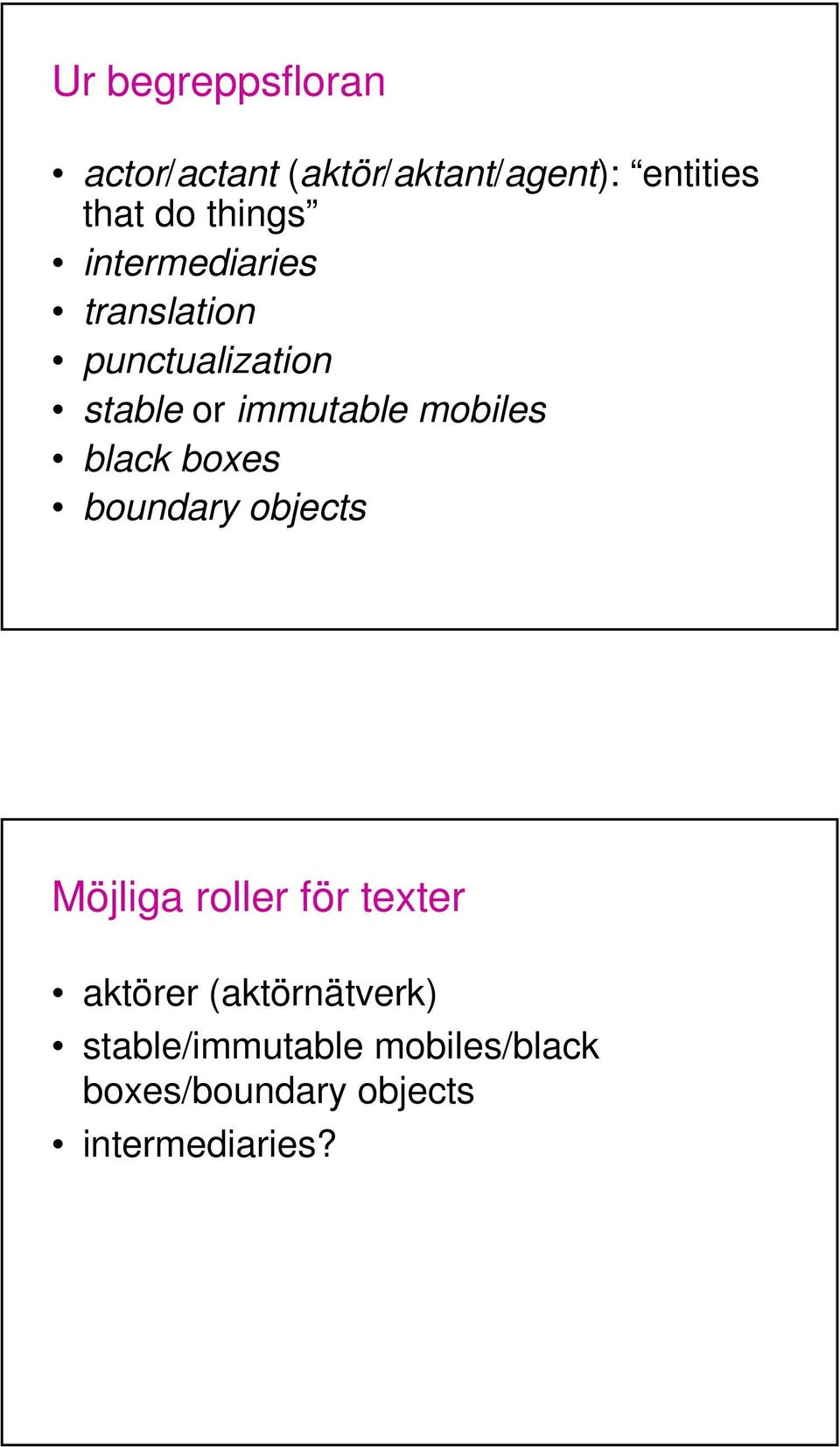 mobiles black boxes boundary objects Möjliga roller för texter aktörer