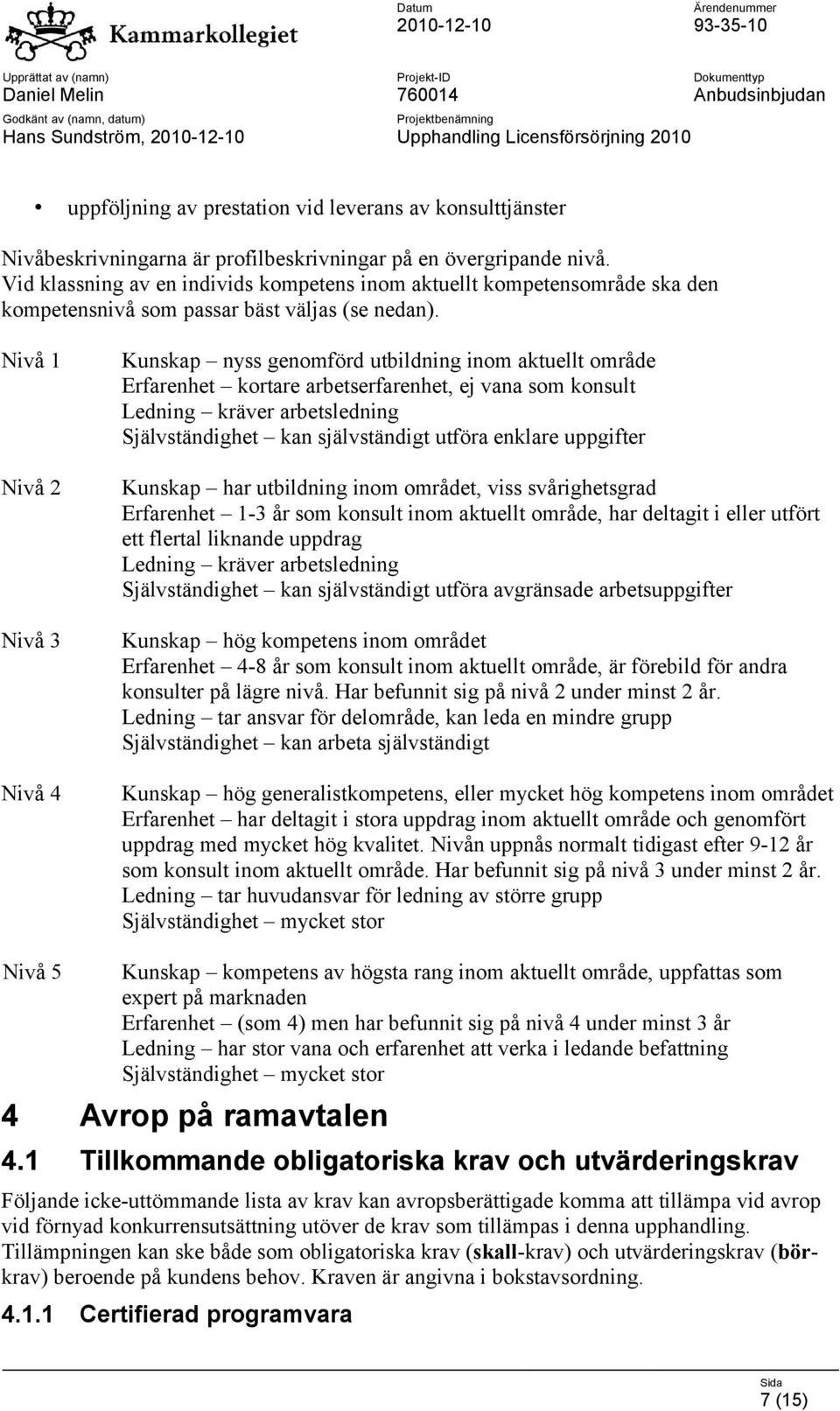 Nivå 1 Nivå 2 Nivå 3 Nivå 4 Kunskap nyss genomförd utbildning inom aktuellt område Erfarenhet kortare arbetserfarenhet, ej vana som konsult Ledning kräver arbetsledning Självständighet kan