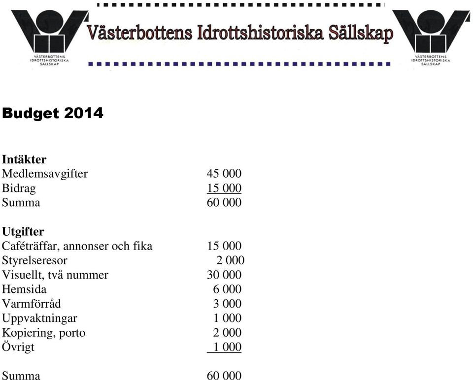 000 Visuellt, två nummer 30 000 Hemsida 6 000 Varmförråd 3 000