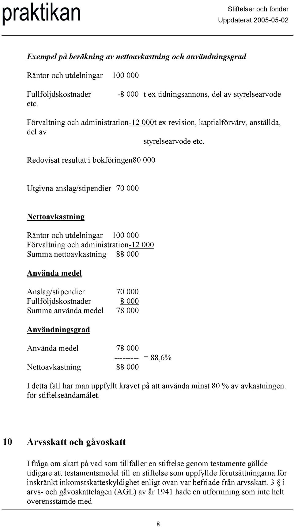 Redovisat resultat i bokföringen80 000 Utgivna anslag/stipendier 70 000 Nettoavkastning Räntor och utdelningar 100 000 Förvaltning och administration-12 000 Summa nettoavkastning 88 000 Använda medel